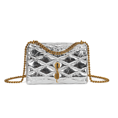 Bolsa Metal Crinkle Prata Alça Corrente Transversal
