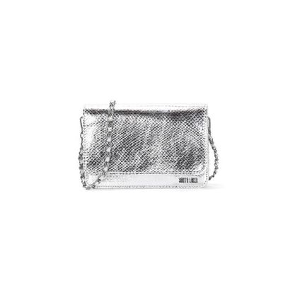 Bolsa Flap Bag Prata Metalizado Alça Corrente