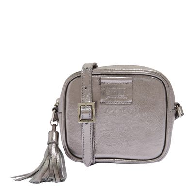 Bolsa Couro Metalizada Preta Grafite Alça Transversal