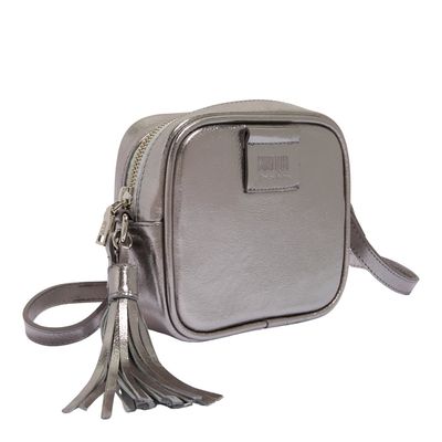 Bolsa Couro Metalizada Preta Grafite Alça Transversal
