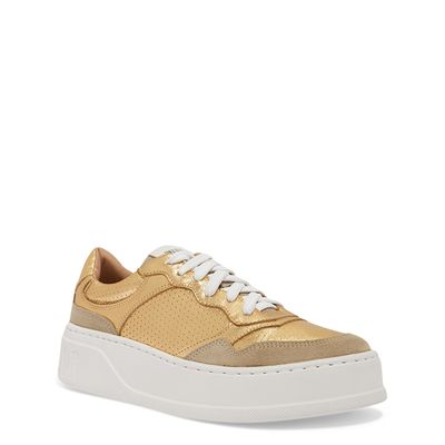 Tenis Couro Camurça Metalizado Dourado