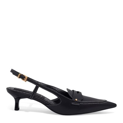 Scarpin Slingback Couro Pelica Preto Salto Baixo Fino