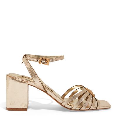 Sandália Couro Metallic Dourada Salto Grosso