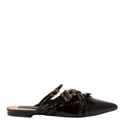 Mule Bico Fino Verniz Glossy Preto Tiras Fivela