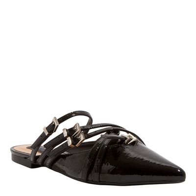 Mule Bico Fino Verniz Glossy Preto Tiras Fivela