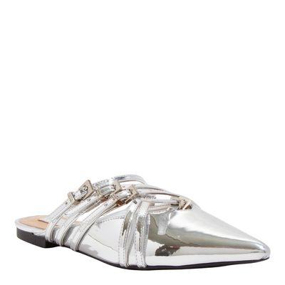Mule Bico Fino Verniz Glossy Prata Tiras Fivela