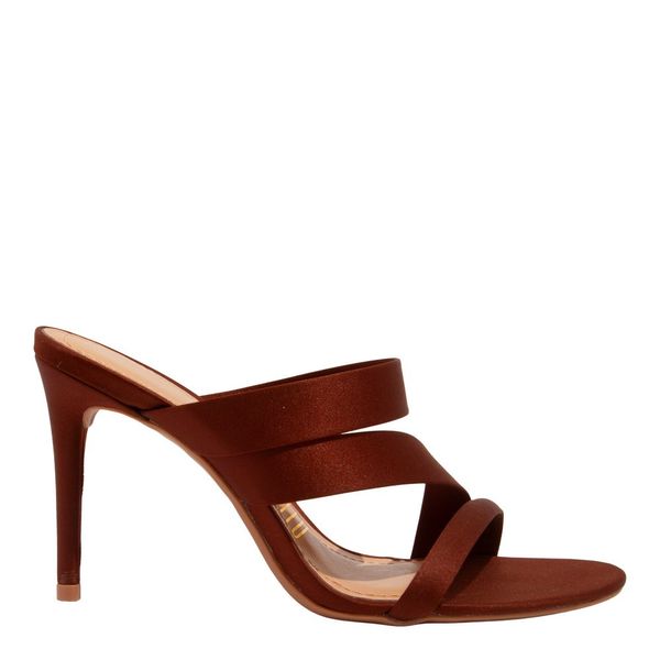 Mule Tecido Cetim Marrom Salto Alto