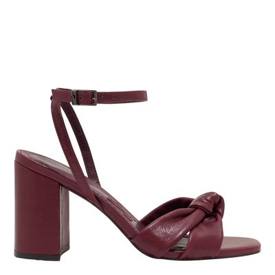 Sandália Couro Vermelho Merlot Salto Grosso Tiras Nó