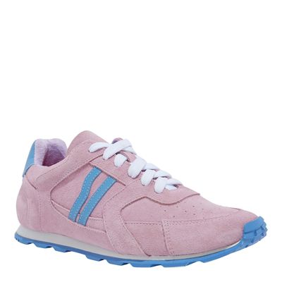 Tênis Jogging Couro Camurça Rosa Recortes Azul