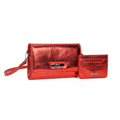 Kit Presente Bolsa Transversal E Porta Cartão Snake Vermelho Metalizado