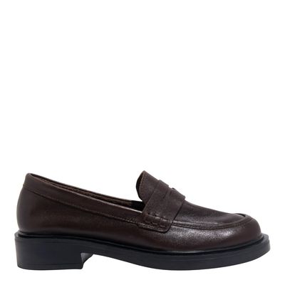 Mocassim Couro Marrom Cocoa Liso Salto Baixo