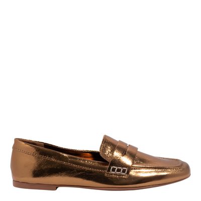 Mocassim Couro Metalizado Balla Bronze Bico Quadrado