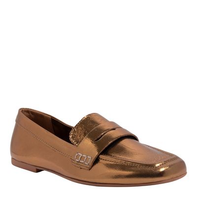 Mocassim Couro Metalizado Balla Bronze Bico Quadrado