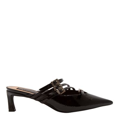 Mule Verniz Glossy Preto Salto Baixo Fino