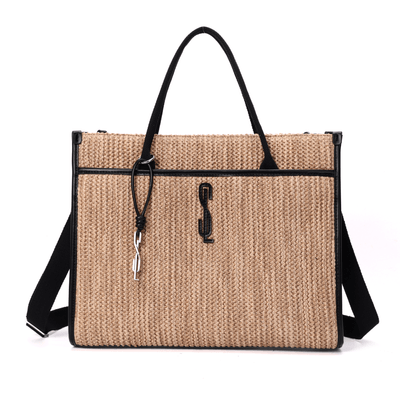 Bolsa Shopper Tramado Bege E Preto Duas Alças