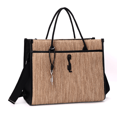Bolsa Shopper Tramado Bege E Preto Duas Alças