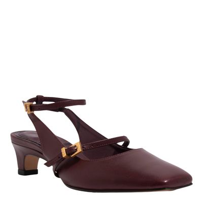 Scarpin Boneca Couro Confort Vermelho Merlot Salto Baixo