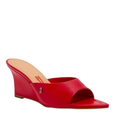 Mule Couro Pelica Bico Fino Salto Anabela Vermelho