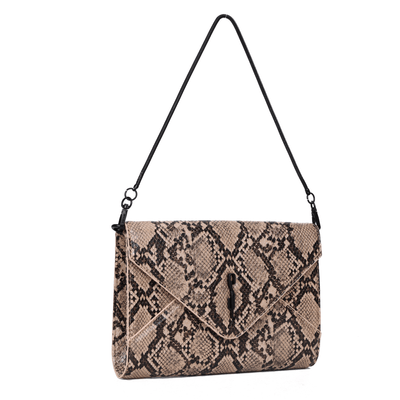 Bolsa Clutch Envelope Animal Print Cobra Bege Alça De Mão