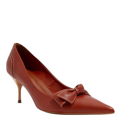 Scarpin Laço Couro Confort Marrom Bico Fino Salto Agulha
