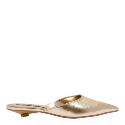 Mule Couro Metalizado Dourado Bico Fino Salto Baixo