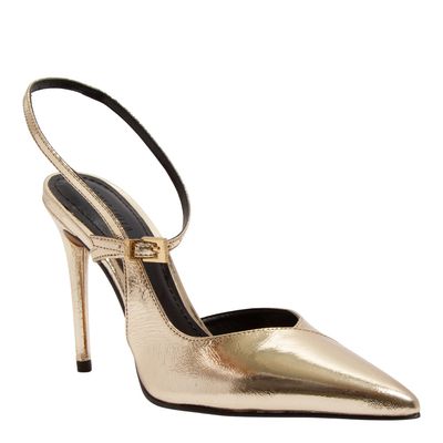 Scarpin Couro Metalizado Dourado Salto Alto