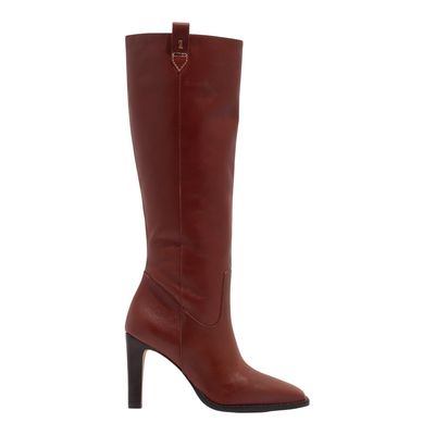 Bota Couro Nobre Marrom Cano Longo Salto Alto Fino