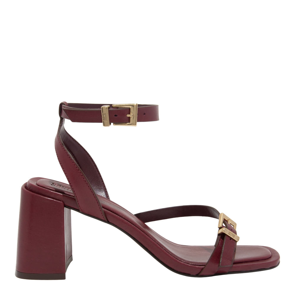 Sandália Couro Nobre Soft Vermelho Merlot Salto Grosso