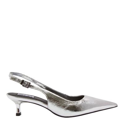 Scarpin Slingback Couro Metalizado Prata Salto Baixo Fino