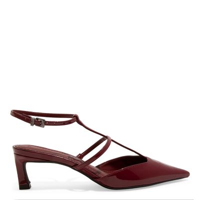Scarpin Slingback Verniz Vermelho Marsala Salto Baixo Fino