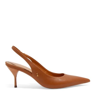 Scarpin Slingback Couro Confort Caramelo Bico Fino Salto Agulha
