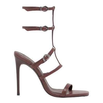 Sandália Gladiadora Couro Pelica Soft Marrom Salto Alto Fino