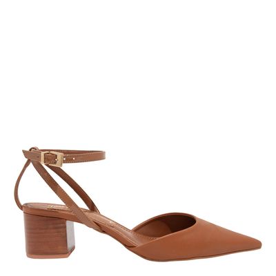 Scarpin Couro Confort Marrom Safari Bico Fino Salto Grosso