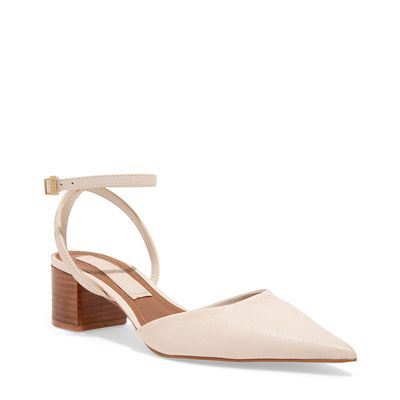 Scarpin Couro Confort Off White Bico Fino Salto Grosso