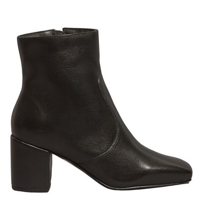 Bota Couro Confort Preta Bico Quadrado Salto Bloco
