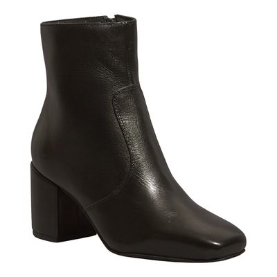 Bota Couro Confort Preta Bico Quadrado Salto Bloco