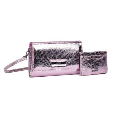 Kit Presente Bolsa Transversal E Porta Cartão Snake Rosa Metalizado