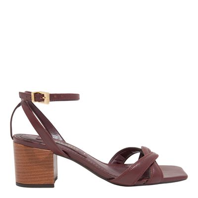 Sandália Couro Confort Vermelho Merlot Salto Grosso Bico Quadrado