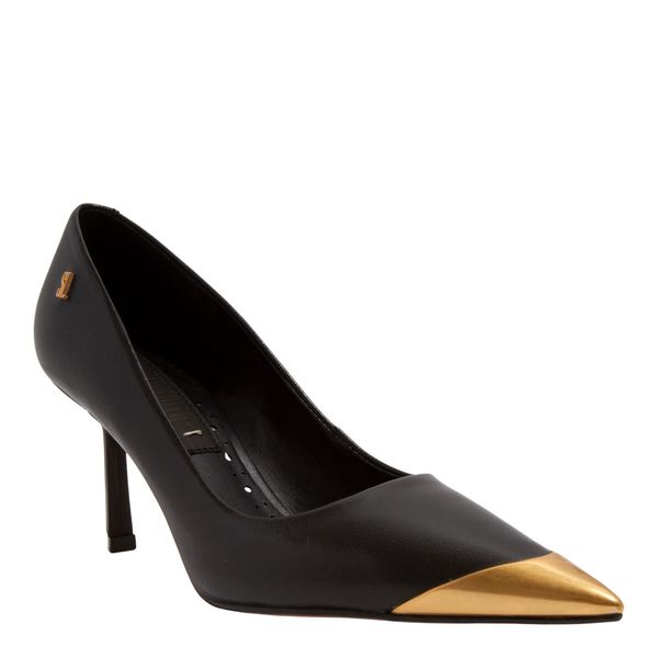 Scarpin Couro Pelica Preto Bico Fino Metalizado