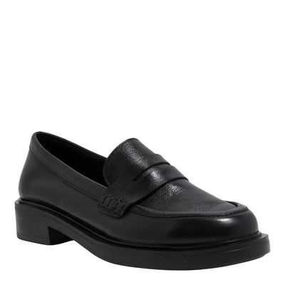 Mocassim Couro Preto Liso Salto Baixo