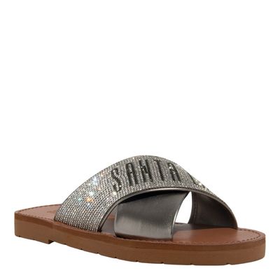Rasteira Napa Cinza Pewter Metalizado Bico Redondo Brilho
