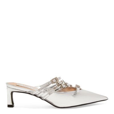 Mule Verniz Glossy Prata Salto Baixo Fino