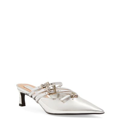 Mule Verniz Glossy Prata Salto Baixo Fino