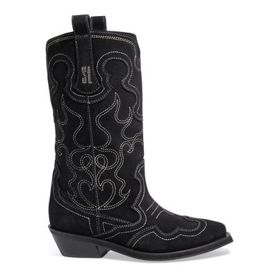 Bota Western Couro Camurça Preta Cano Médio