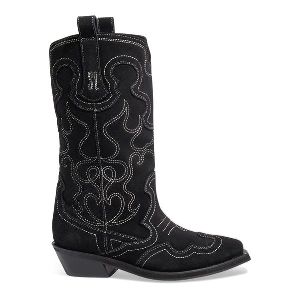 Bota Western Couro Camurça Preta Cano Médio