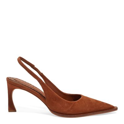 Scarpin Slingback Couro Carmuça Salto Médio Caramelo
