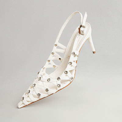 Scarpin Slingback Napa Soft Branco Bico Fino Strass Cristal