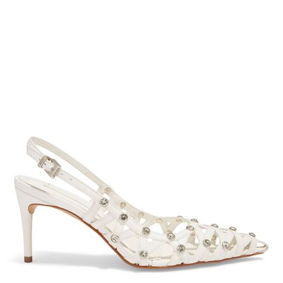 Scarpin Slingback Napa Soft Branco Bico Fino Strass Cristal