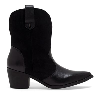 Bota Western Couro Camurça Preto Bico Fino Salto Grosso