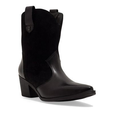 Bota Western Couro Camurça Preto Bico Fino Salto Grosso
